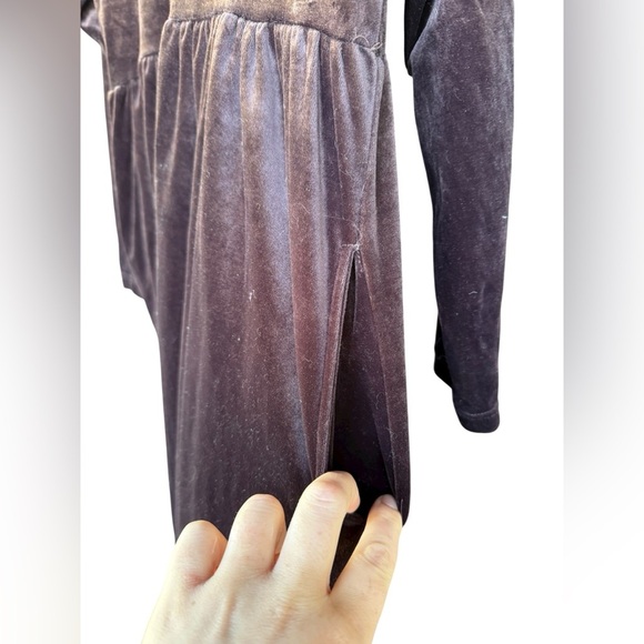 Vintage 90s Velveteen Babydoll Midi Dress Brown Embroidered Fairy Grunge Large - Picture 9 of 12